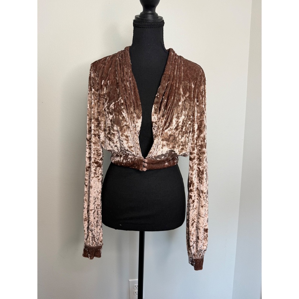 Lovers + Friends Mauve Pink Crushed Velvet Pleated Crop Top Long Sleeve S